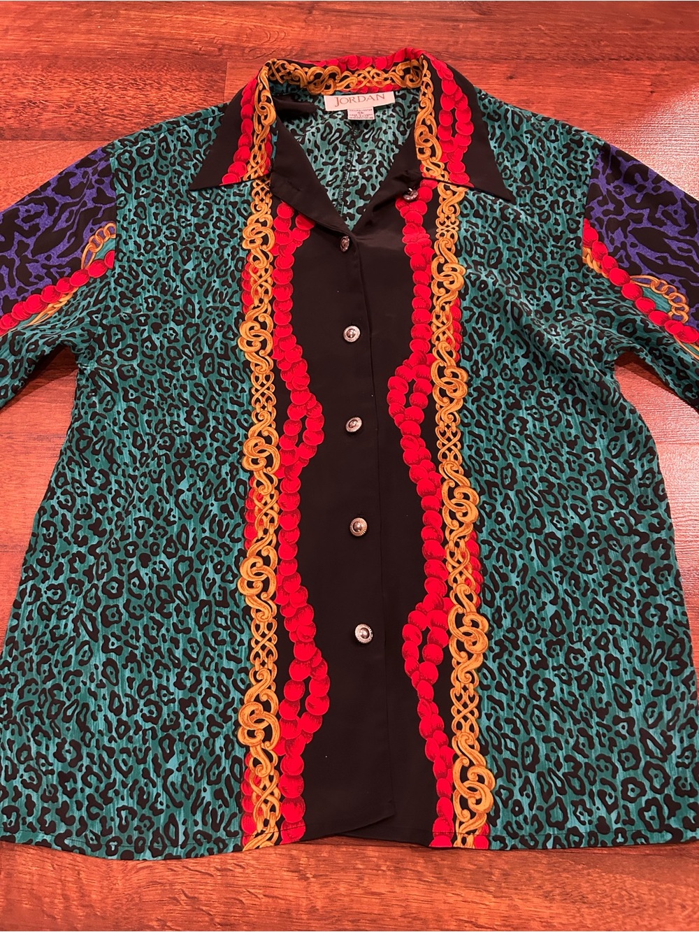 80s Vintage Jordan Leopard Print Blouse Bold Animal Print Button Down Top Medium